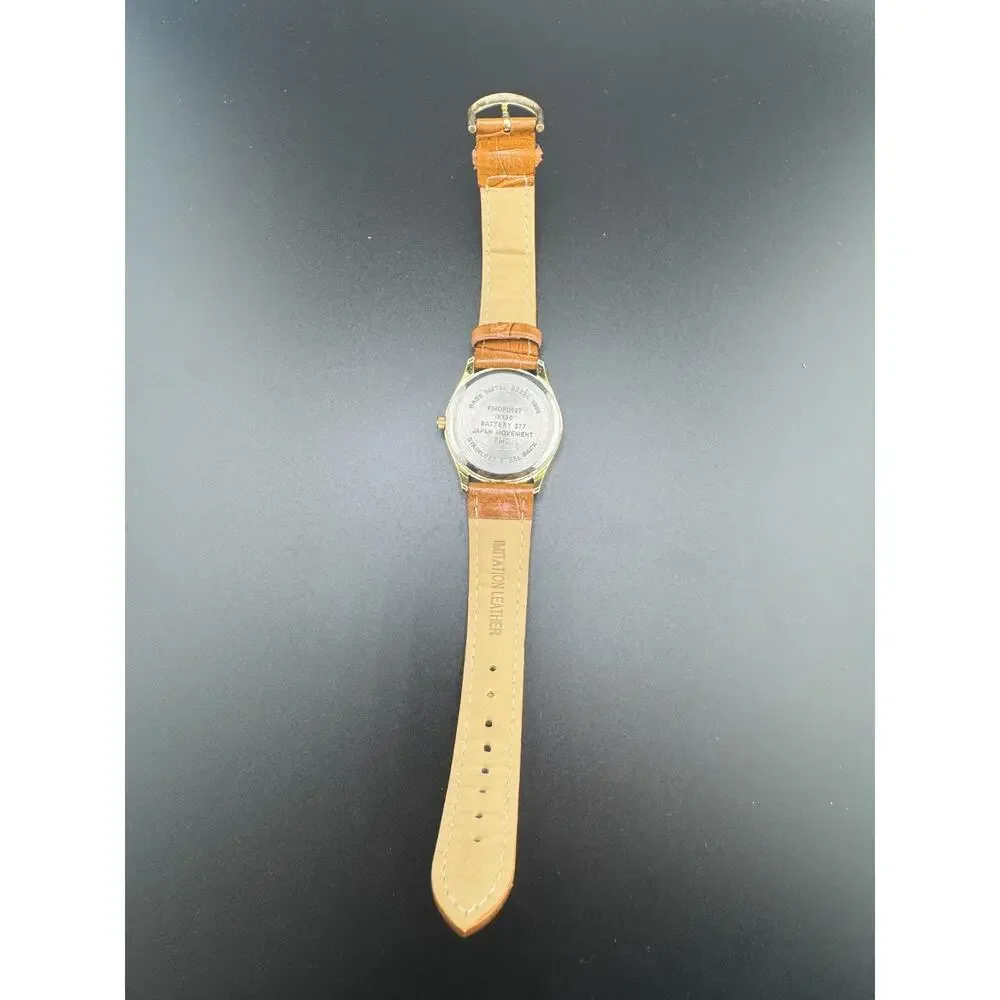 FMD Gold Case Wristwatch Quartz Analog White Dial Brown Imitation Leather Strap